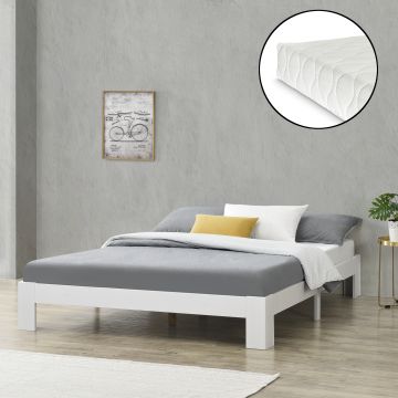 Cadre de Lit Double Raisio à Matelas à Mousse à Froid Pin 160 x 200 cm Blanc [en.casa]