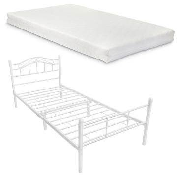 Cadre de Lit Standard avec matelas Florenz en Métal  90 x 200 cm Blanc [en.casa]