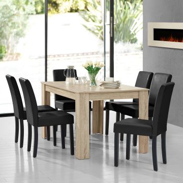 [en.casa] Table à manger chêne brilliant avec 6 chaises noir cuir-synthétique rembourré140x90 