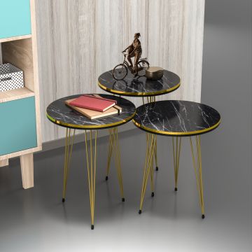 Set de 3 tables d'appoint Ry rondes gigognes noir or [en.casa]