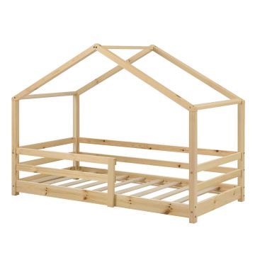 Lit d'Enfant Maison avec Barreaux de Sécurité Knätten Pin 90 x 200 cm Bois Naturel [en.casa]