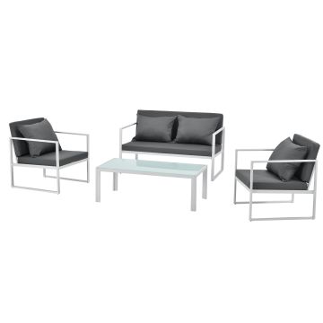 Salon de jardin Lerum table basse avec canapé et chaises blanc gris clair [casa.pro] 