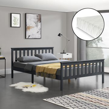 Cadre de Lit Double Breda en Pin avec Matelas à Mousse à Froid 160 x 200 cm Gris Foncé Mat Laqué [en.casa]