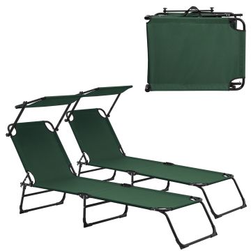 [casa.pro] Transats [2er Set] pliable 190cm vert foncé avec toiture pare-soleil de relax acier