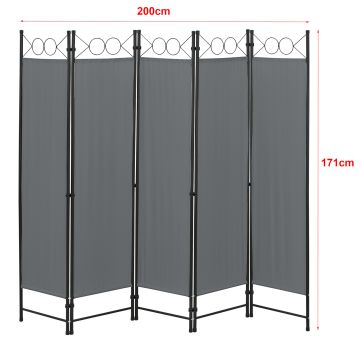 Paravent de Confidentialité à 5 Panneaux Saragossa 171 x 200 cm Gris Foncé [en.casa]