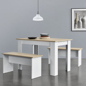 Lot de Table et 2 Bancs de Salle à Manger Hokksund pour 4 Personnes Blanc Chêne [en.casa]