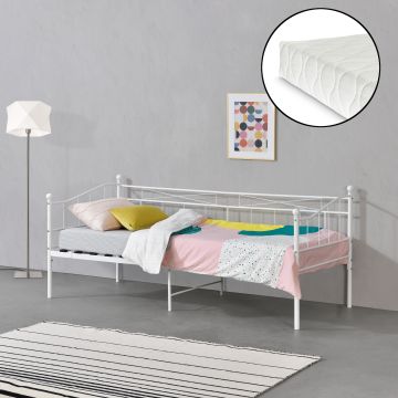 Cadre de Lit Simple Arjeplog Acier Laqué et Matelas à Mousse à Froid 90 x 200 cm [en.casa]