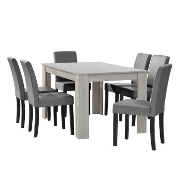 Table à manger chêne blanc 140 x 90 cm avec 6 chaises gris brilliant [en.casa]