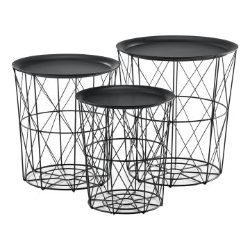 Set de 3 Tables Gigognes Worcester Métal Plateau Amovible Noir [en.casa]