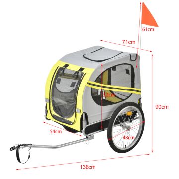 Remorque Vélo pour Chien Capacité 26 kg 138 x 71 x 90 cm Jaune Gris Noir [pro.tec]