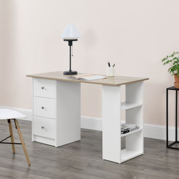 Bureau avec 3 Tiroirs Lemberg 120x49x72cm Blanc et Effet Chêne [en.casa]