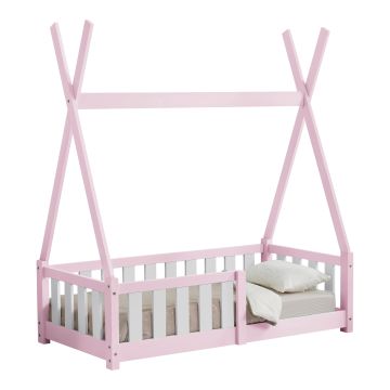 Lit Tipi pour Enfants Helsingborg avec Grille de Sécurité Pin 140 x 70 cm Rose [en.casa]