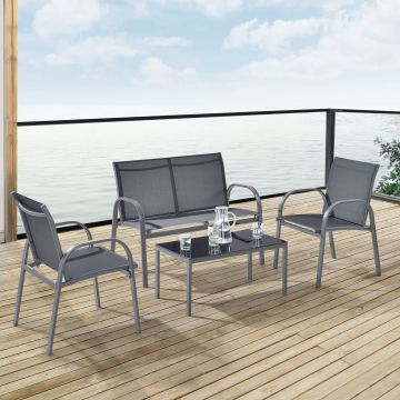 Salon de Jardin de 4 Meubles Gagra Acier PVC Polyester Noir Gris Foncé [en.casa]