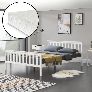 [en.casa] Lit Double pour Adulte Cadre en Pin avec Matela en Mousse Froid et Sommier à Lattes 140 x 200 cm Blanc