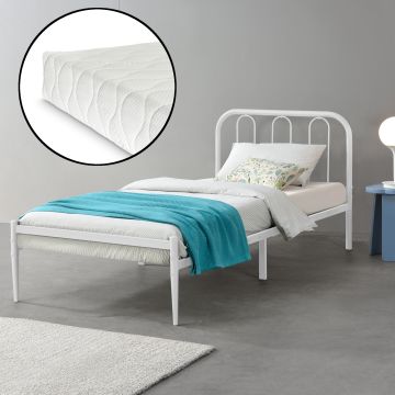 Cadre de Lit Simple en Métal Hanko avec Matelas 90 x 200 cm Blanc Mat [en.casa] [neu.haus]